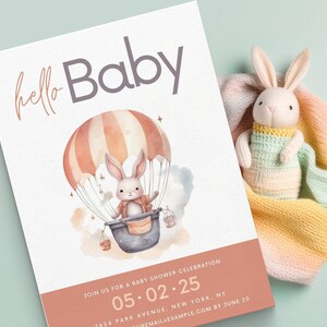 Invitación al baby shower de conejito / Baby Shower con globo volador para niña / Anuncio de nacimiento / Plantilla Canva editable premium / Tarjeta de agradecimiento