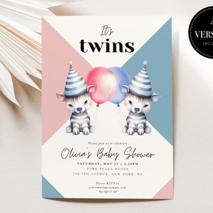 Twin Baby Shower Invite with Zebras and Balloons | Girl Boy Baby Shower | Girl Twins Baby Shower | Boy Twins Baby Shower | Gender neutral