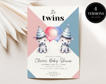 Twin Baby Shower Invite with Zebras and Balloons | Girl Boy Baby Shower | Girl Twins Baby Shower | Boy Twins Baby Shower | Gender neutral