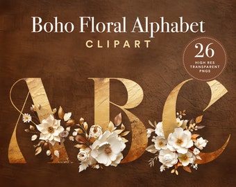 Boho Floral Alphabet PNG Clipart Bundle | Monogram Letters PNGs | Floral Nursery Decor | Wedding Initials Clipart | Transparent Alphabet PNG