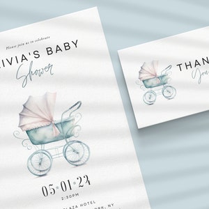 Op de afbeelding: Set van een uitnodiging voor een babyshower en een bedankkaart. De uitnodiging luidt "OLIVIA'S BABY Shower" met een aquarel illustratie van een vintage kinderwagen. De bedankkaart heeft de tekst "THANK You".
