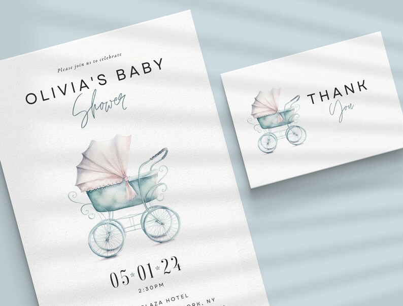 Op de afbeelding: Set van een uitnodiging voor een babyshower en een bedankkaart. De uitnodiging luidt "OLIVIA'S BABY Shower" met een aquarel illustratie van een vintage kinderwagen. De bedankkaart heeft de tekst "THANK You".