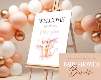 Girl Dragon Baby Shower Bundle, Editable Dragon Baby Shower Pack, Dragon Baby Shower Games, Modern Baby Shower Package | Girl baby shower