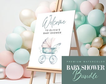 Gender Neutral Baby Shower Bundle, Editable Watercolor Stroller Baby Shower Pack, Baby Shower Games, Modern Baby Shower Package