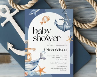 Nautical Baby Shower Bundle, Editable Marine Baby Shower Pack, Nautical Baby Shower Games, Modern Baby Shower Package, Boy baby shower Canva