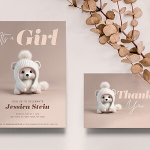 Winter Baby Shower Invite | Girl Baby Shower Invitation | Premium Canva Baby Shower Template Bundle | its a girl invite | Thank you card
