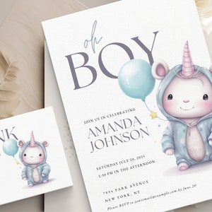 Unicorn Baby Shower Invitation | Boy Baby Shower Invite | Printable Premium Canva Template | Unicorn Invite for boy | Thank You Card