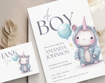 Unicorn Baby Shower Invitation | Boy Baby Shower Invite | Printable Premium Canva Template | Unicorn Invite for boy | Thank You Card