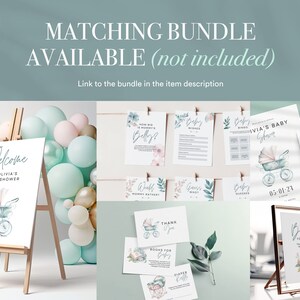 Op de afbeelding: Een verzameling baby shower briefpapier, waaronder een welkomstbord, kaarten en een ingelijst bord. De ontwerpen bevatten aquarel illustraties van een kinderwagen en bloemmotieven. Tekst bevat "Welkom bij Olivia's Baby Shower".