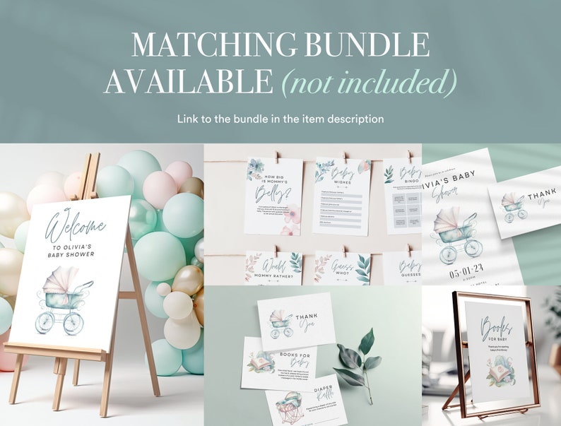 Op de afbeelding: Een verzameling baby shower briefpapier, waaronder een welkomstbord, kaarten en een ingelijst bord. De ontwerpen bevatten aquarel illustraties van een kinderwagen en bloemmotieven. Tekst bevat "Welkom bij Olivia's Baby Shower".