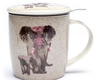 Teetasse mit Sieb und Deckel | Elefanten | echtes Porzellan | 400 ml | Edelstahlsieb | loser Tee | Spülmaschinenfest | Mikrowellengeeignet
