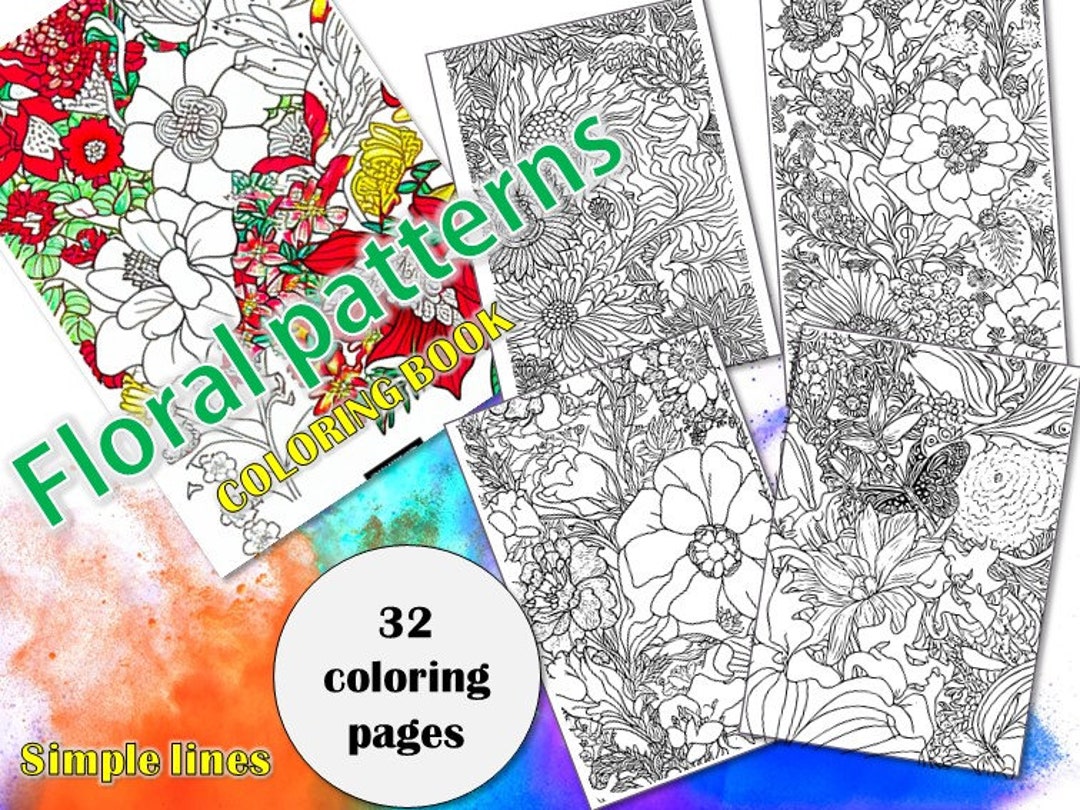 32 Coloring Pages Floral Patterns, Gardens, Detailed Nature Coloring Book Printable Adults and ...