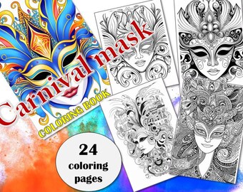 24 Coloring Pages - Carnival mask Coloring book | printable A4 PDF | adults and kids coloring pages | detailed shading