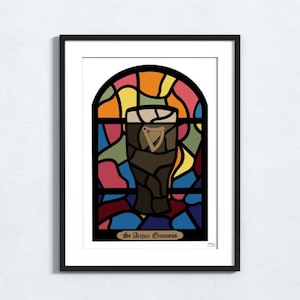 May include: A stained glass window design featuring a glass of Guinness beer with the text "St. Arthur Guinness" at the bottom.