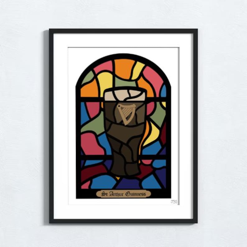 May include: A stained glass window design featuring a glass of Guinness beer with the text "St. Arthur Guinness" at the bottom.