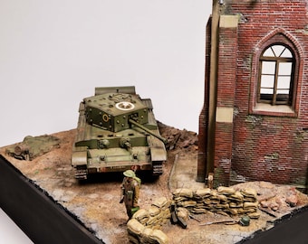 1/35 WWII Diorama – Tamiya Cromwell Mk.IV, MiniArt Ruined Church, Panzer Art Resin Figure – Hand-Painted Military Model (30×25 cm)