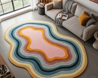 Colorful Abstract Rug – Wavy Organic Shape, Handmade Statement Piece for Modern Living Room Decor
