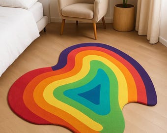 Rainbow Topographic Rug – Abstract Wavy Shape, Colorful Modern Area Rug for Artistic Home Decor