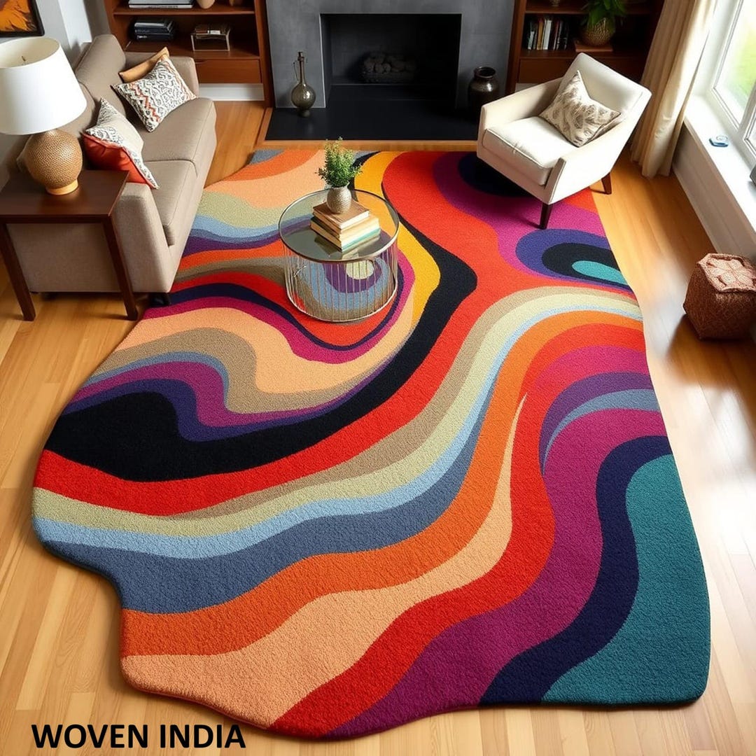 Modern Colorful Wavy Rug – Psychedelic Abstract Art Multicolor Area Rug ...