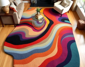 Modern Colorful Wavy Rug – Psychedelic Abstract Art Multicolor Area Rug for Bold Interiors