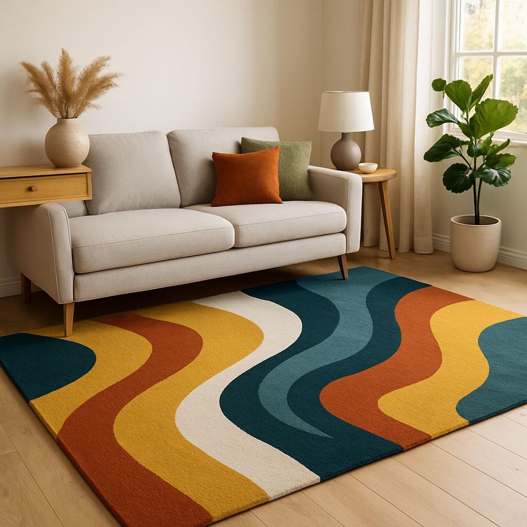 Vibrant Rectangular Rug Vibrant Wavy Rug - Modern Living Room Decor - Colorful Area Rug ...