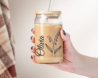 Personalized Iced Coffee Cup, Bridesmaid Proposal Gift Glass can coffee cup, Glass with Lid and Straw, Tumbler Cup