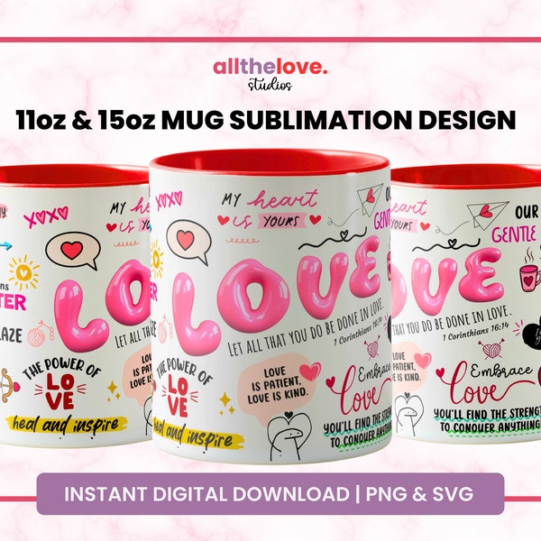 Love Mug | Valentine's Day Mug |  Valentine's Day Gift | Heart Mug PNG | Sublimation Mug Wrap Design | Instant Download PNG SVG