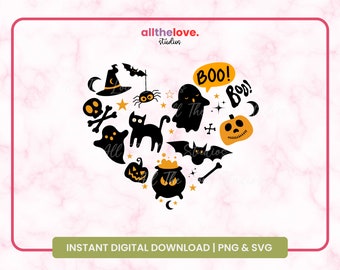 May include: A digital graphic design featuring a heart-shaped arrangement of black and orange Halloween icons including a witch hat, spider, cat, ghosts, bats, pumpkins, a cauldron, and bones, with the text BOO! and allthelove. studios.