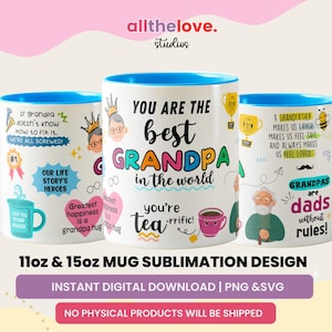 Op de afbeelding: Drie witte keramische mokken met blauwe binnenkant, met kleurrijke graphics en tekst. De mokken hebben zinnen als "You are the best Grandpa in the world". Het ontwerp is voor sublimatie.