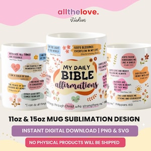 Bible Affirmations Mug Wrap: Boho Faith Quotes (PNG, SVG Digital Download)