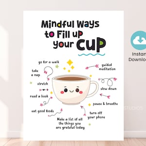 Póster "Maneras conscientes de llenar tu taza", póster de salud mental, impresiones de arte mural, póster imprimible para niños, descarga digital