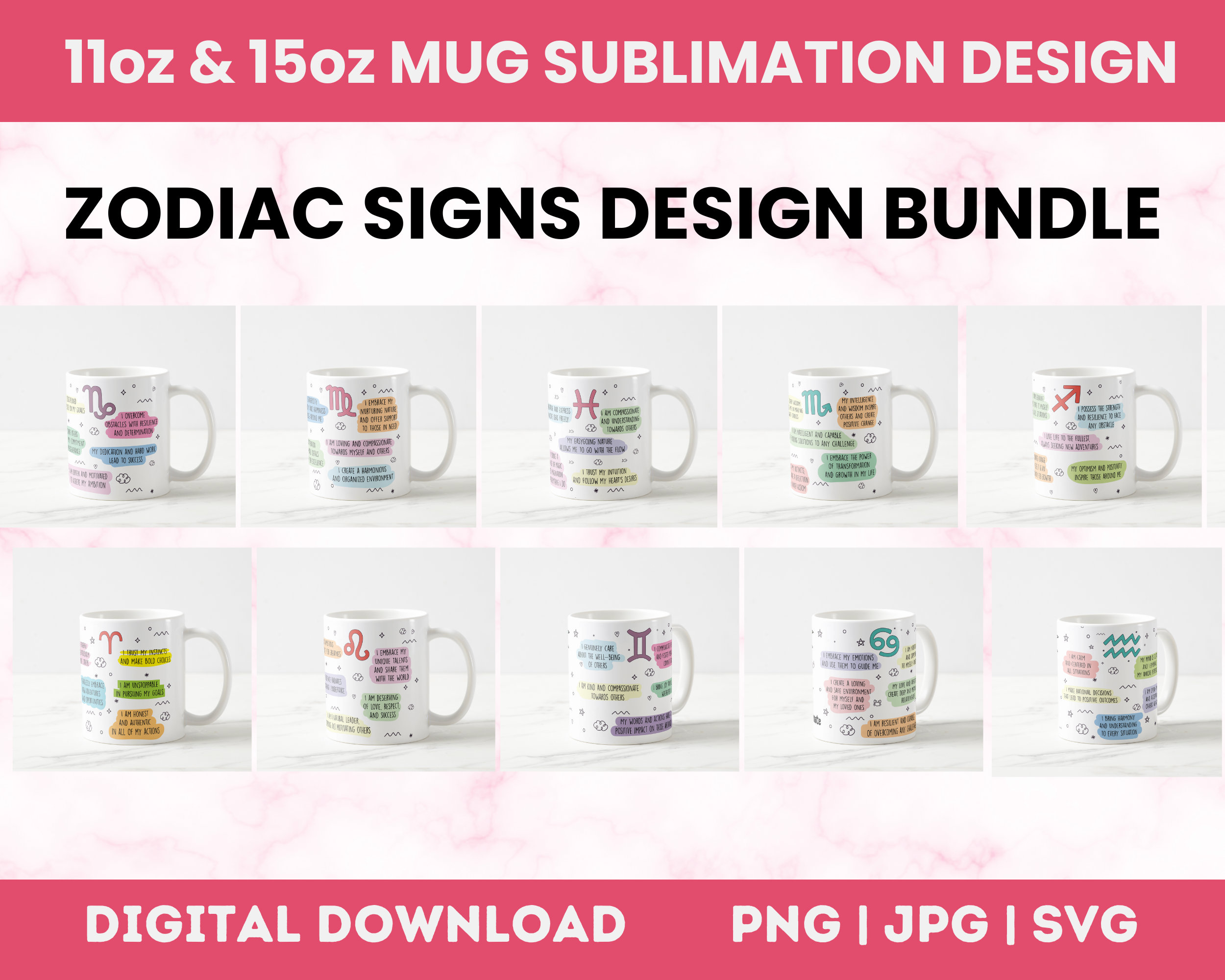 Mug Design Bundle Zodiac Signs 11oz Mug Wrap Sublimation Design Digital