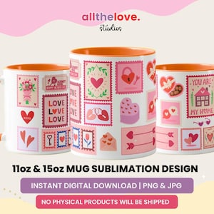 Love Stamp Valentines Day Mug Wrap, Romantic Heart PNG, Cute Valentine Gift for Him or Her, Instant Download Coffee Cup Sublimation Design