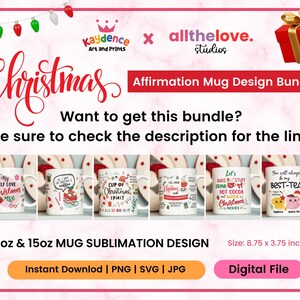Puede incluir: Un paquete de descarga digital de dise&ntilde;os de sublimaci&oacute;n de tazas de Navidad de 11 oz y 15 oz. Los dise&ntilde;os presentan ilustraciones festivas y texto como "Self Love Christmas Mug", "Cup of Christmas Spirit", "Let's Bake Stuff Drink Hot Cocoa" y "You Will Always Be My Best Tea". Los dise&ntilde;os miden 8,75 pulgadas por 3,75 pulgadas.