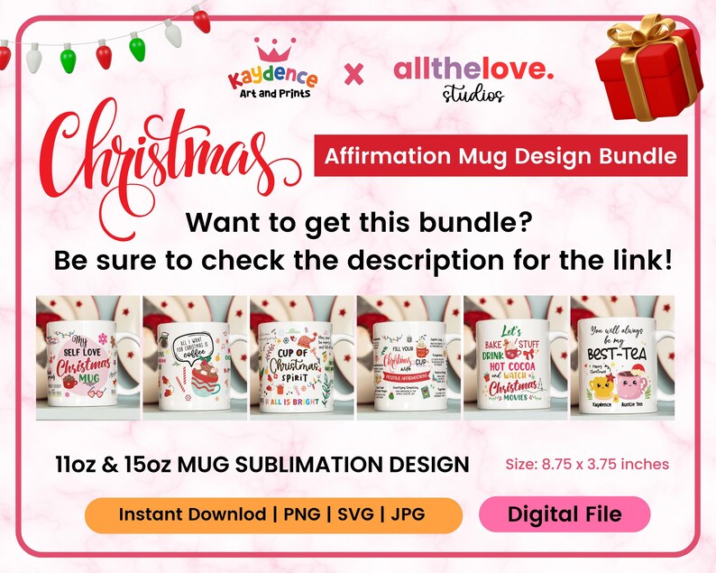 Puede incluir: Un paquete de descarga digital de dise&ntilde;os de sublimaci&oacute;n de tazas de Navidad de 11 oz y 15 oz. Los dise&ntilde;os presentan ilustraciones festivas y texto como "Self Love Christmas Mug", "Cup of Christmas Spirit", "Let's Bake Stuff Drink Hot Cocoa" y "You Will Always Be My Best Tea". Los dise&ntilde;os miden 8,75 pulgadas por 3,75 pulgadas.
