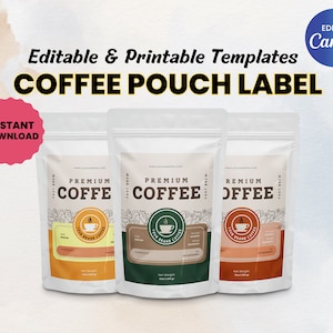 Modelo de etiqueta de bolsa editável, etiqueta de saco de café imprimível, embalagem de café editável, etiqueta adesiva Canva, etiqueta adesiva de café, café 01