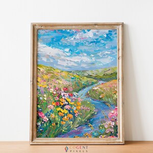 Country Field Wall Art | Vintage Landscape Art Print | Summer Landscape Art | Neutral Split Print | Wildflower Art | Farmhouse Decor