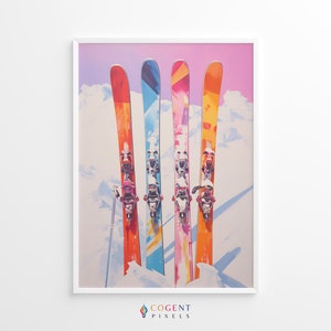 Cielos coloridos / Esquiadoras / Póster de esquí / Impresiones retro / Fotografía antigua / Descarga digital / Póster vintage / Arte mural rosa