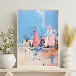 Sailing Girly Apartment Printable Wall Art Abstract Coastal Painting Vintage Beach Print Pink Painting Downloadable Decor Seascape Print