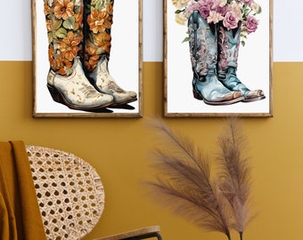 Arte de pared de habitación de niña occidental de dormitorio / Arte de pared imprimible de moda / Botas retro EE. UU. / Decoración de vaquera / Impresión de bota de vaquera