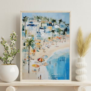 Printable Wall Art Abstract Coastal Painting Vintage Beach Print Pink Umbrella Painting Downloadable Girly Apartment Decor Seascape Print