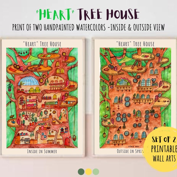 HEART TREE HOUSE Wimmelbild Posters, 2 Prints set, Printable Gallery Wall Art, Watercolor Illustration, Art Gift, Kids Room Decor