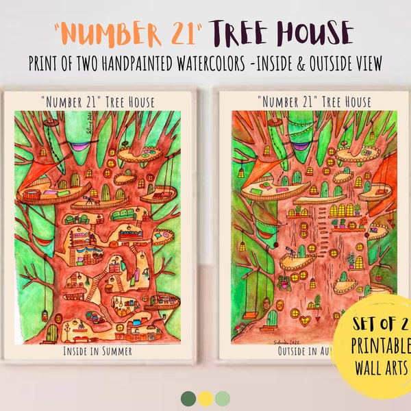 TREE HOUSE "NUMBER 21" Wimmelbild Poster, 2 Prints set, Printable Gallery Wall Art, Watercolor Illustration, Art Gift, Kids Room Decor