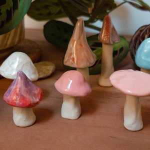 Può includere: Una collezione di figurine di funghi in ceramica in vari colori, tra cui blu, rosa e arancione. I funghi hanno gambi bianchi e sono disposti su una superficie di legno. Una pianta in vaso è sullo sfondo.