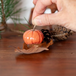 Può includere: Una piccola zucca in ceramica arancione con uno stelo, appoggiata su una foglia secca. Una pigna e un rametto di pino sono nelle vicinanze. La zucca è tenuta da una mano, suggerendo un'esposizione stagionale o autunnale.