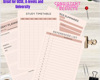 Peut inclure: Un pack de planificateur étudiant imprimable avec un schéma de couleurs rose et blanc. Le pack comprend un emploi du temps d'étude, un planificateur d'essais, une liste de références et des résumés de sources.