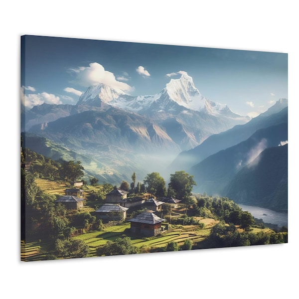Canvas/Poster Wall Art Print - Scenic Nepali Village with Majestic Mountain