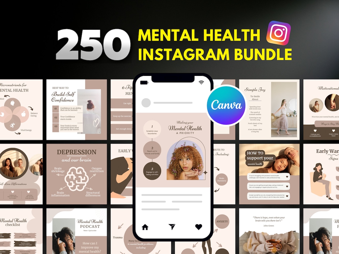 250 Mental Health Instagram Post Templates: Canva Editable PLR Bundle ...
