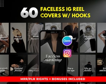 Paquete de 60 portadas de Instagram Reels sin rostro con ganchos | Estética oscura | Plantilla editable de Canva DFY | Marketing digital | MRR PLR incluido