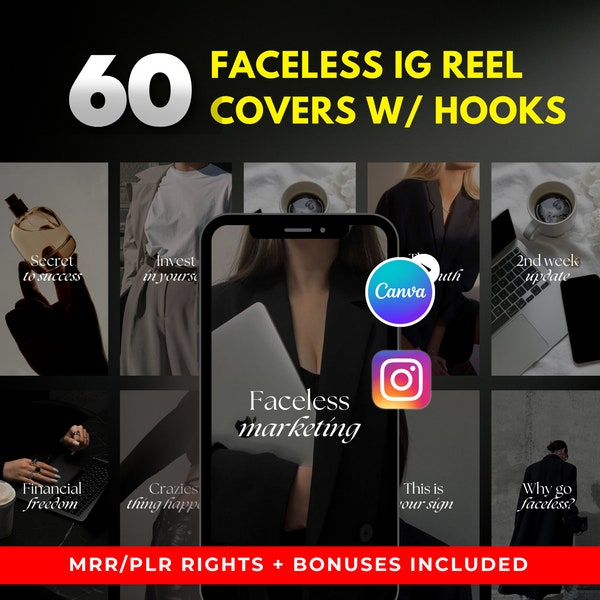 60 Faceless Instagram Reels Cover Bundle w/ Hooks l Dark Aesthetic l DFY Canva Editable Template | Digital Marketing l MRR PLR Included